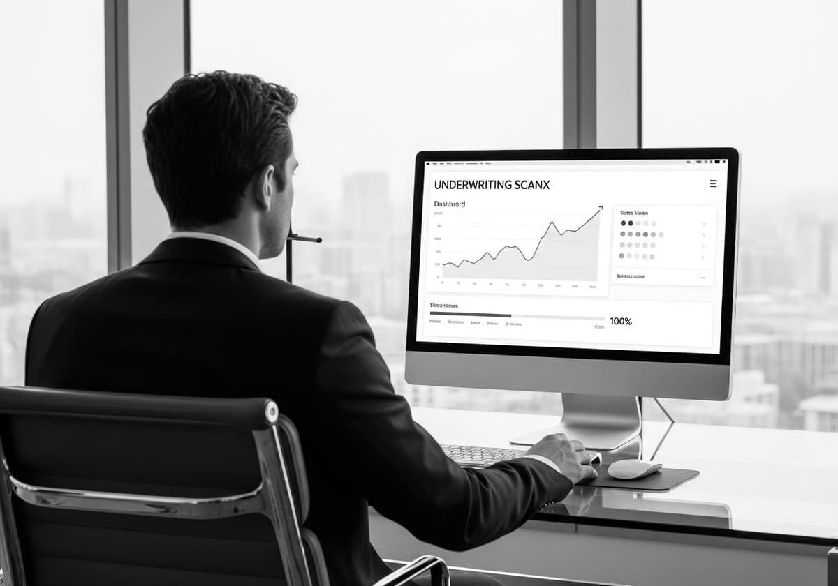 Underwriting ScanX platform showing merchant risk assessment dashboard